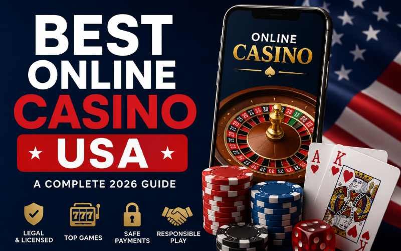 Best Online Casino USA 2026 guide with smartphone, roulette wheel, poker chips, and USA flag.
