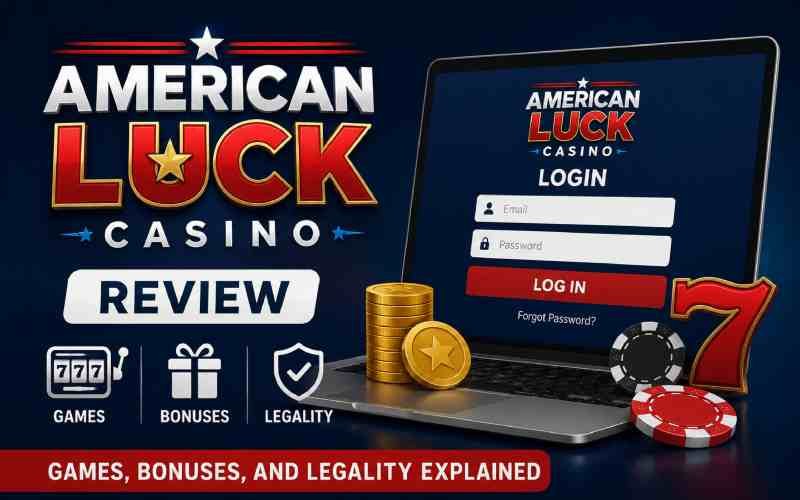 American Luck Casino login page displayed on a laptop with casino-themed graphics.