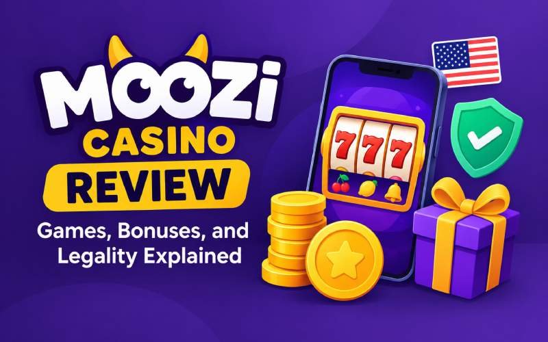 Moozi Casino review featuring slot games, bonuses, and sweepstakes legality.