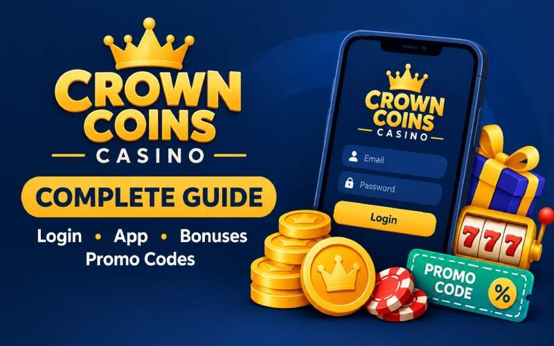 Crown Coins Casino guide illustration featuring login screen, gold coins, bonuses, and promo code.