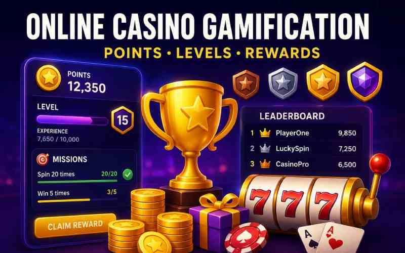Online casino gamification dashboard showing points, levels, rewards, leaderboard, and casino icons.
