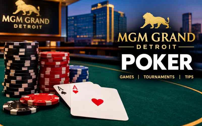 MGM Detroit poker table with playing cards and colorful poker chips.